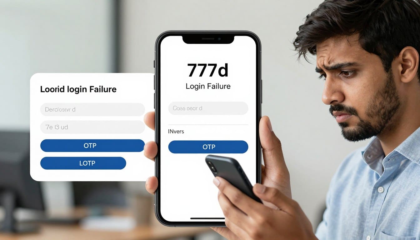 A visually engaging and informative illustration depicting the common reasons for 777d login failure. In the foreground, a confused Bengali mobile user is shown interacting with a smartphone, looking perplexed as they encounter a login error message. The middle layer features a close-up view of the smartphone screen displaying elements like a password input field, OTP verification request, and an account lock notification. In the background, a blurred office environment hints at a professional setting, with soft lighting that creates a calm yet tense atmosphere. Capture the technical essence of mobile usability and user frustration, with a focus on clean lines and clear details. The overall mood should balance professionalism and accessibility, making the issue relatable to the audience.