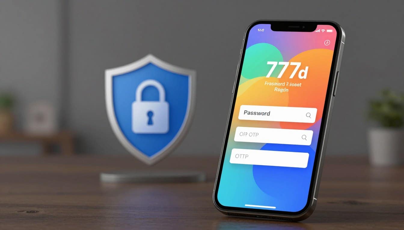 A professional illustration depicting a mobile user interface designed for the 777d login problem guide. In the foreground, showcase a smartphone displaying a vibrant, colorful screen with a password reset option prominently. The interface features elements like input fields for password and OTP verification. In the middle ground, include a visual metaphor for security, such as a padlock or shield symbol, conveying a sense of protection and ease. The background should be slightly blurred to focus on the mobile device, with soft lighting that creates a calm, user-friendly atmosphere. Use a shallow depth of field with a 50mm lens effect, highlighting the interface while ensuring the entire scene remains professional and engaging for the audience.